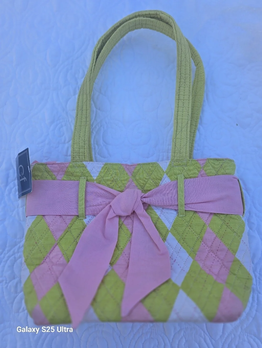 C&F Home Argyle Prepster Tote – Quilted Pink & Lime Bow Bag